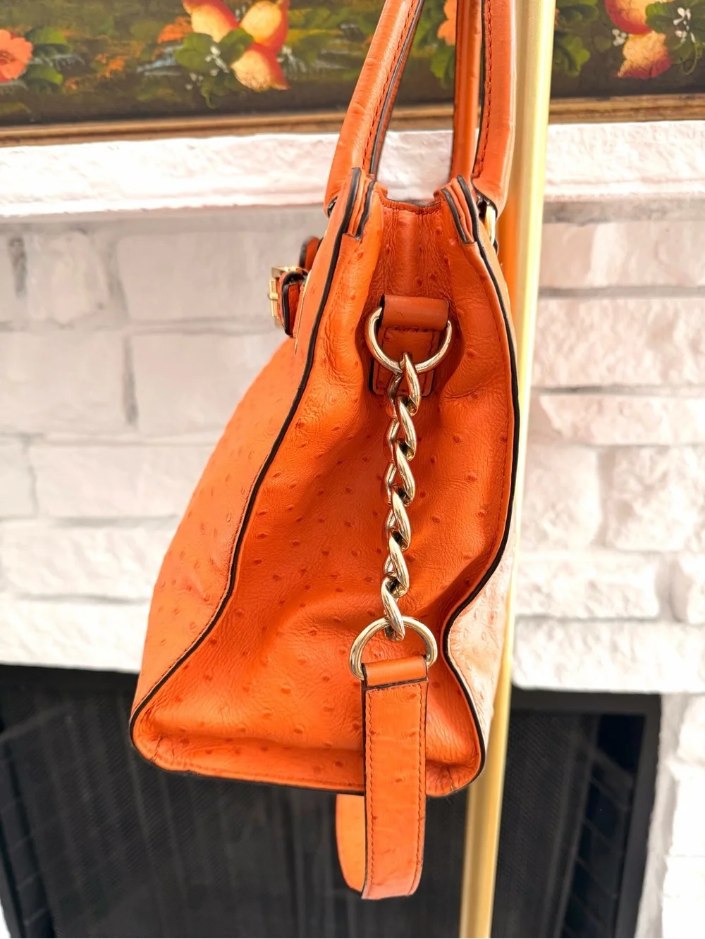 Michael Kors Hamilton Orange Ostrich Embossed Leather Satchel Shoulder Bag